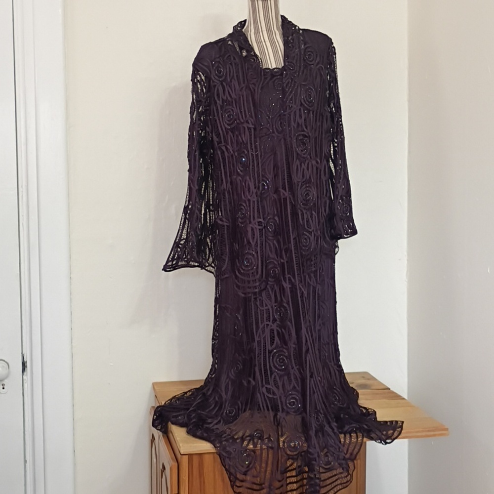 SOULMATES Vintage 2 PC Purple 100% Silk Soutache Beaded Formal Gown w Jacket 2x - Picture 2 of 16